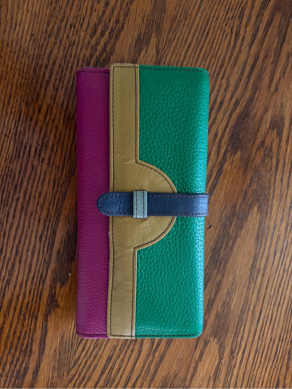 Multicolor Leather Long Wallet - Green, Magenta & Mustard